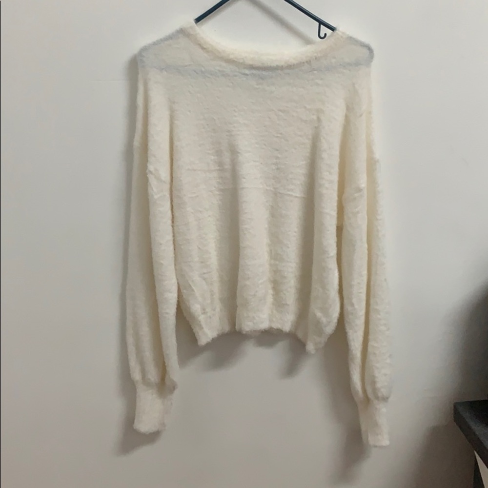 Fuzzy White Balloon Sleeve Sweater